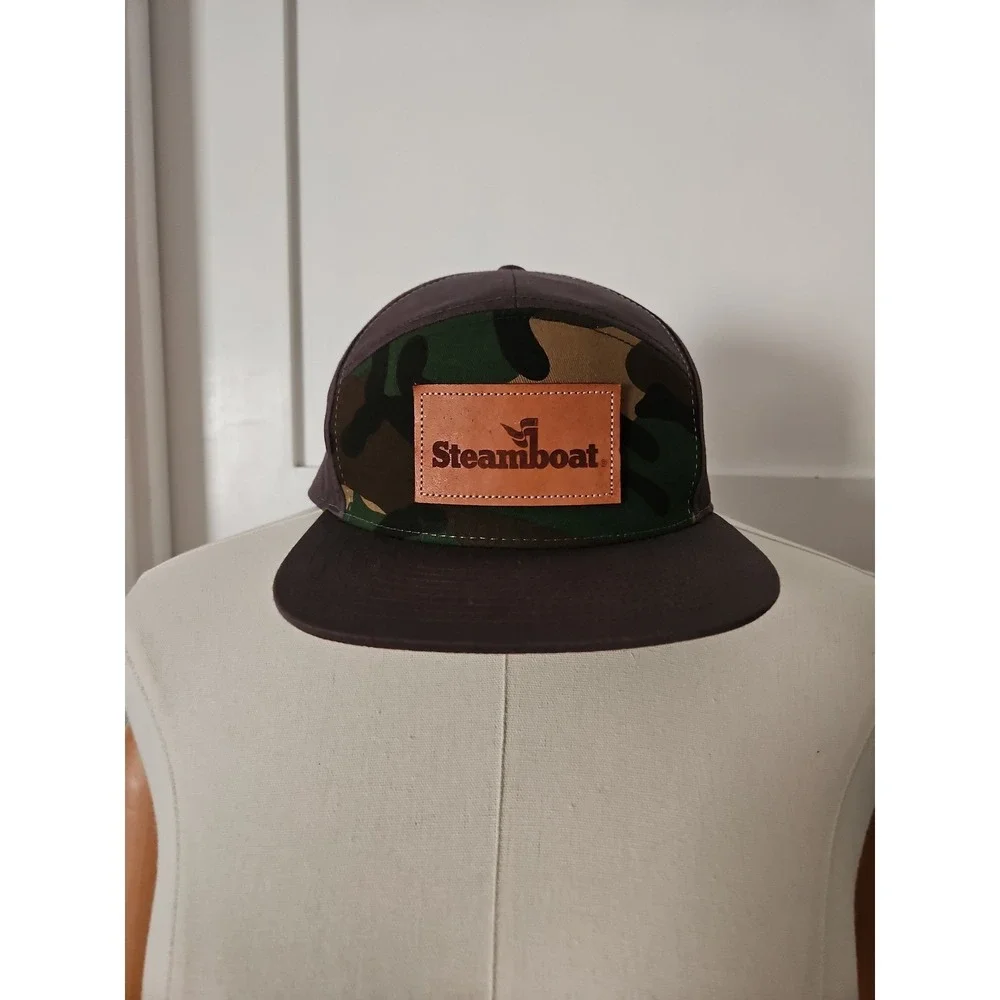 Steamboat Brown Camo Leather Patch Baseball Hat Strapback Adjustable Cap